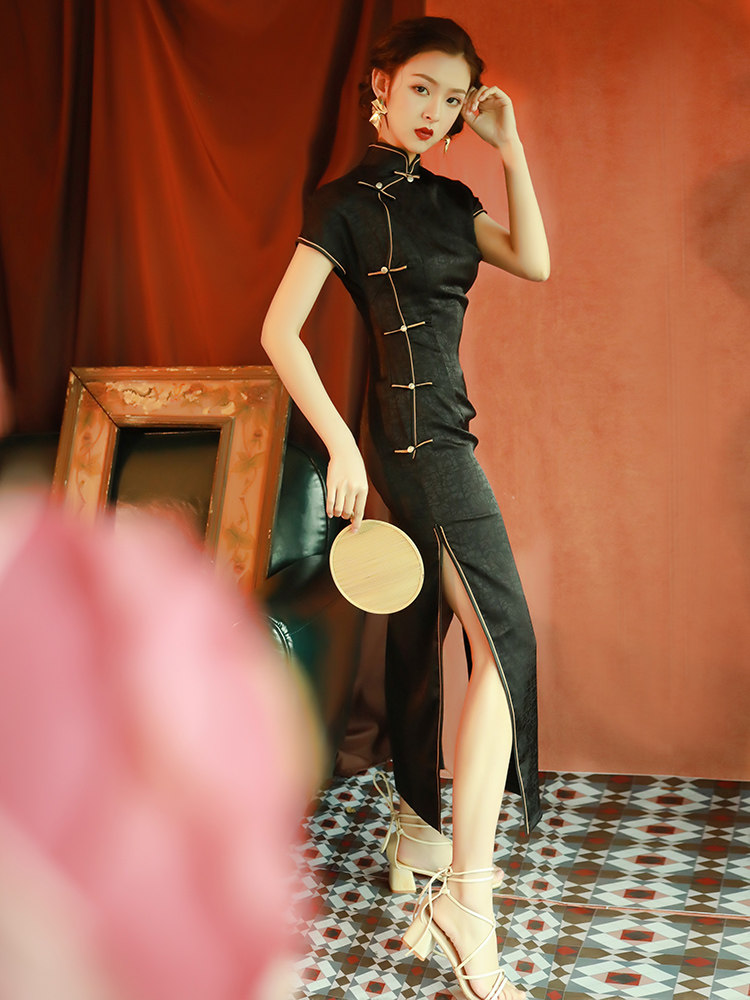 黑色旗袍改良少女年轻款复古连衣裙 阑桂羽旗袍