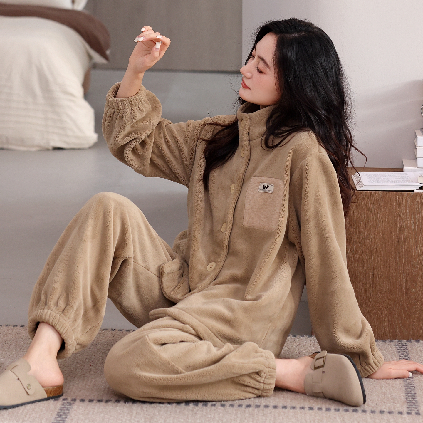 冬季保暖法兰绒女士新款睡衣加绒可外穿冬天珊瑚绒加厚开衫家居服 - 图3