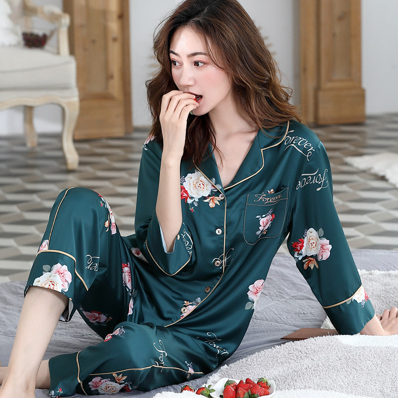 惠娜姿秋季仿真丝绸翻领长袖睡衣 惠娜姿睡衣/家居服套装