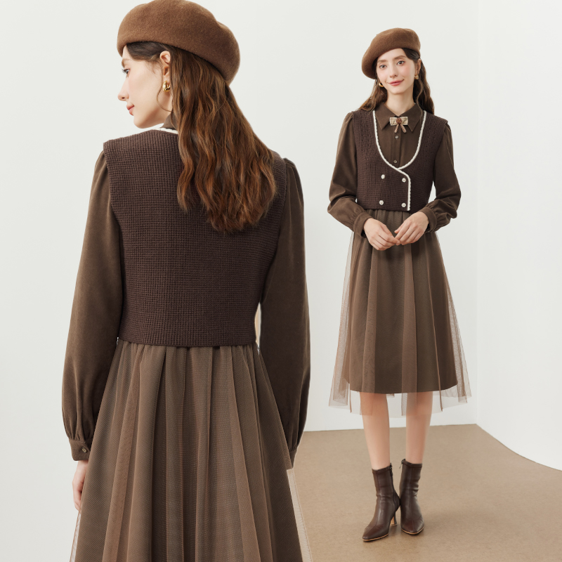 KBNE咖色时尚早秋套装两件套2025新款连衣裙拼接小个子春秋女 - 图1