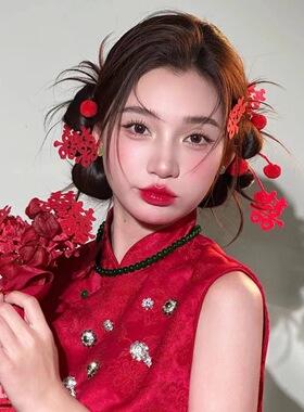 新娘头饰新款中式婚礼秀禾头饰结婚饰品带耳环8个喜子四个毛球