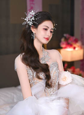 一诺新娘新款头饰带耳环2025新款白纱结婚头饰影楼拍摄头饰加耳环