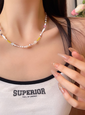 小红书同款彩色水晶串珠项链女轻奢小众多巴胺小清新锁骨链颈链