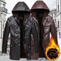 Henin mid-length leather coat mens suit collar western suit jacket plus suede thickened removable cap daddy clothing leather jacket