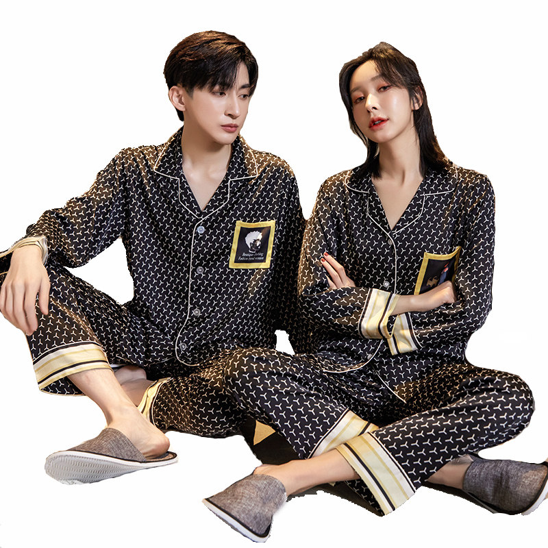 新款丝绸情侣春夏男冰丝长袖睡衣 云之城睡衣/家居服套装