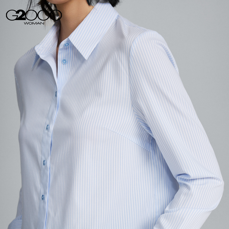 【舒适弹性】G2000女装春季商场新款柔软垂感短款条纹长袖衬衫