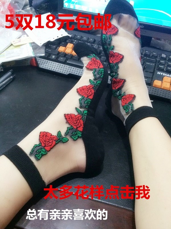 夏季女袜蕾丝花边袜子透明隐形袜防滑水晶短袜薄款玻璃丝袜 - 图2