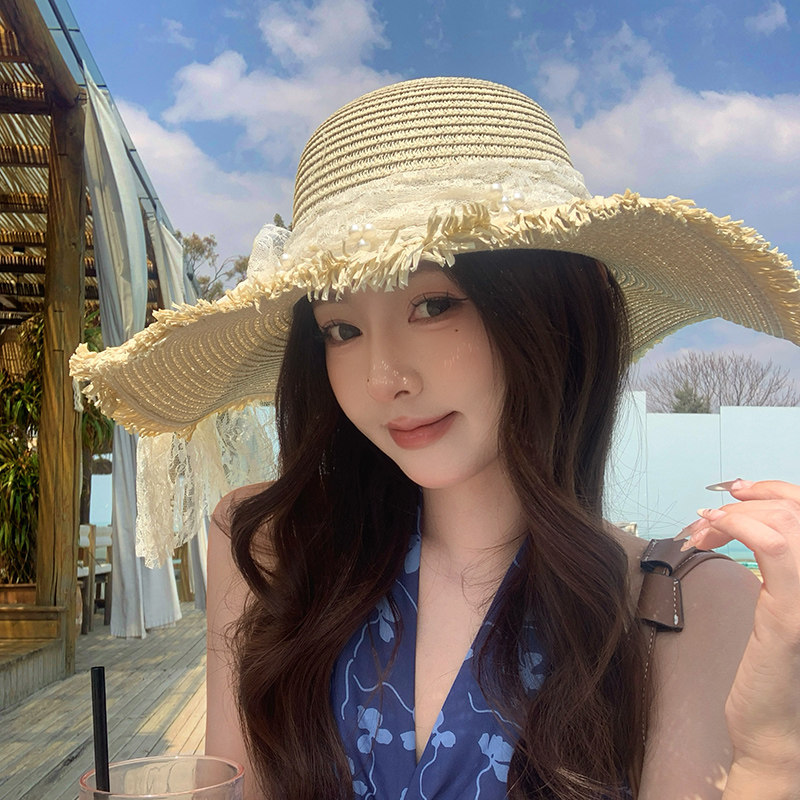蕾丝蝴蝶结大帽檐沙滩草帽女2025年春新款海边遮阳防晒太阳帽子潮,淘宝优惠券,粉丝福利购,淘宝优惠卷