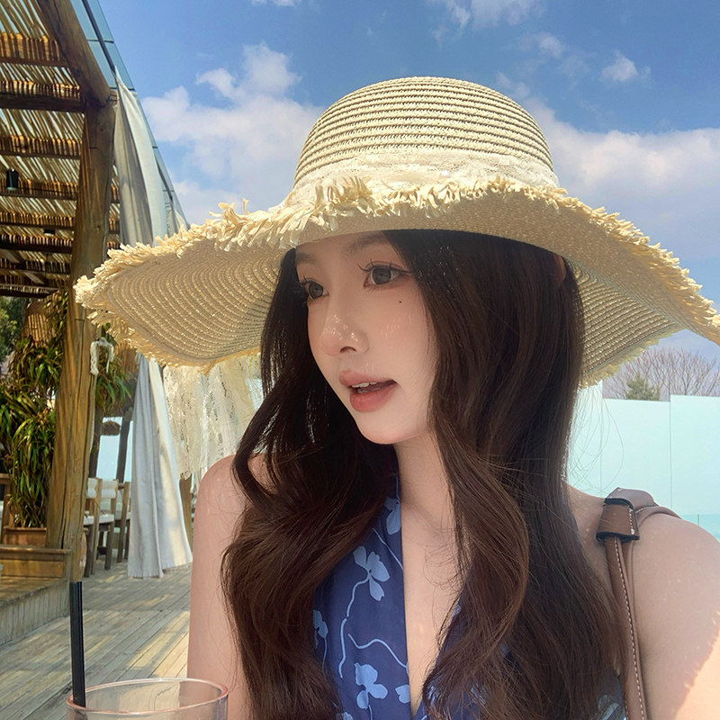蕾丝蝴蝶结大帽檐沙滩草帽女2025年春新款海边遮阳防晒太阳帽子潮,淘宝优惠券,粉丝福利购,淘宝优惠卷