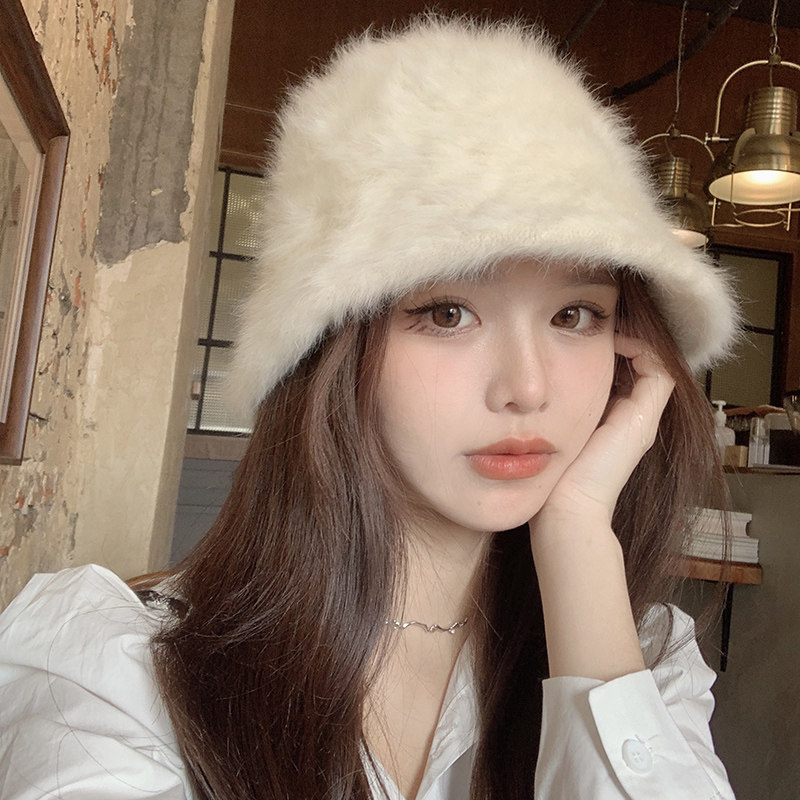 2025爆款兔毛渔夫帽女秋冬季大头围毛绒绒水桶显脸小白色帽子女款