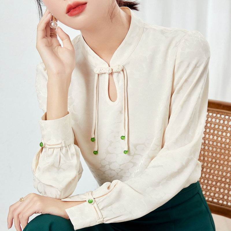 中国风盘扣长袖2022秋新款雪纺衫 真言蕾丝衫/雪纺衫