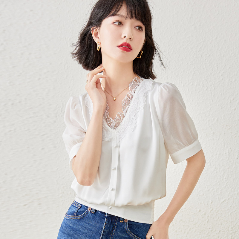v领雪纺女短袖2022夏季新款衬衫 真言衬衫