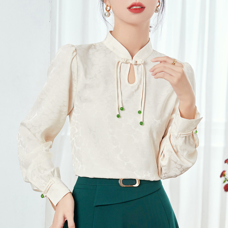 中国风盘扣长袖2022秋新款雪纺衫 真言蕾丝衫/雪纺衫