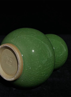 老瓷器翡翠绿釉葫芦赏瓶颜色釉冰裂纹复古风花瓶文玩老货陶瓷摆件