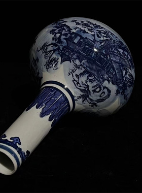 老瓷器清乾隆青花山水天球瓶花瓶文玩老货收藏青花瓷客厅陶瓷摆件