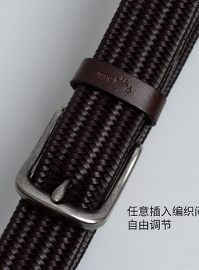 欧美潮棕色弹力牛皮编织针扣腰带