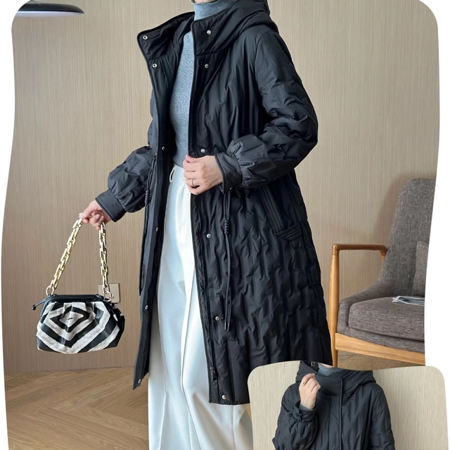 2024 New Winter Slim Fit Waist Down Jacket Long Hooded Down Jacket Women's Textured Lightweight Jacket