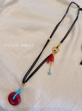 夫人手作 原创手工编绳天然朱砂平安扣可调节项链毛衣链安哥拉红