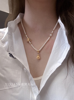 夫人手作 古法金高保色周家同款故宫百转程祥如意珍珠项链首饰