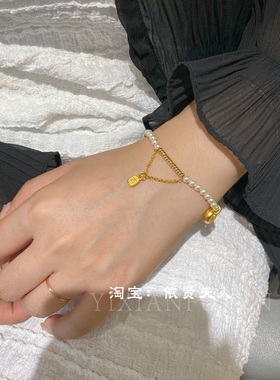 古法金施家珍珠元宝吊坠不规则设计小众百搭手链女手串饰品