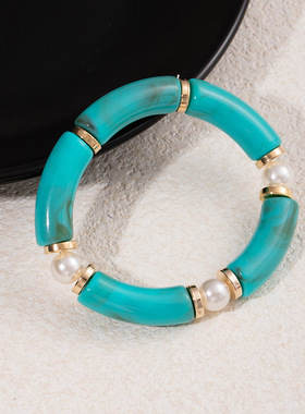 亚克力多巴胺珍珠弯管手镯弧形竹管复古大理石纹手串弹力手链手圈