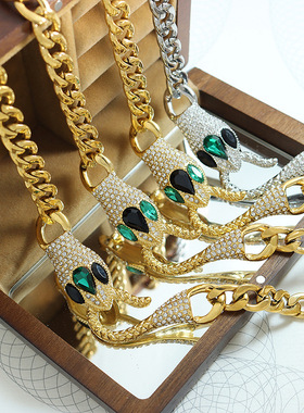 直供欧美热销不掉色高街摇滚嘻哈风镶嵌锆石蛇头项链配饰