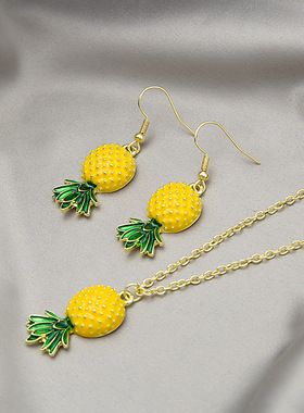 网红日韩小清新水果菠萝耳环 甜美气质个性百搭夏日卡通2件套项链
