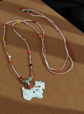 新款轻奢小众锁骨链日常百搭项坠多巴胺彩色小狗串珠吊坠项链女款