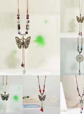 新中式民族风陶瓷长款毛衣链女古风挂饰复古中国风蝴蝶项链锁骨链