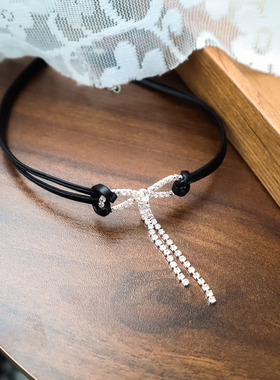 网红黑色蝴蝶结微镶锆石项链女甜酷辣妹百搭颈链轻奢流苏锁骨链