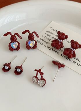 秋冬新年红滴油一周银针耳钉套装