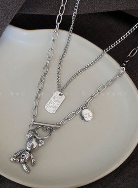 甜酷小熊双层钛钢长款毛衣链女轻奢小众设计感不掉色卫衣链子项链