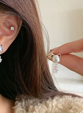网红秋冬新款滴油银色咖啡小熊耳钉套装女银针趣味可爱百搭耳饰