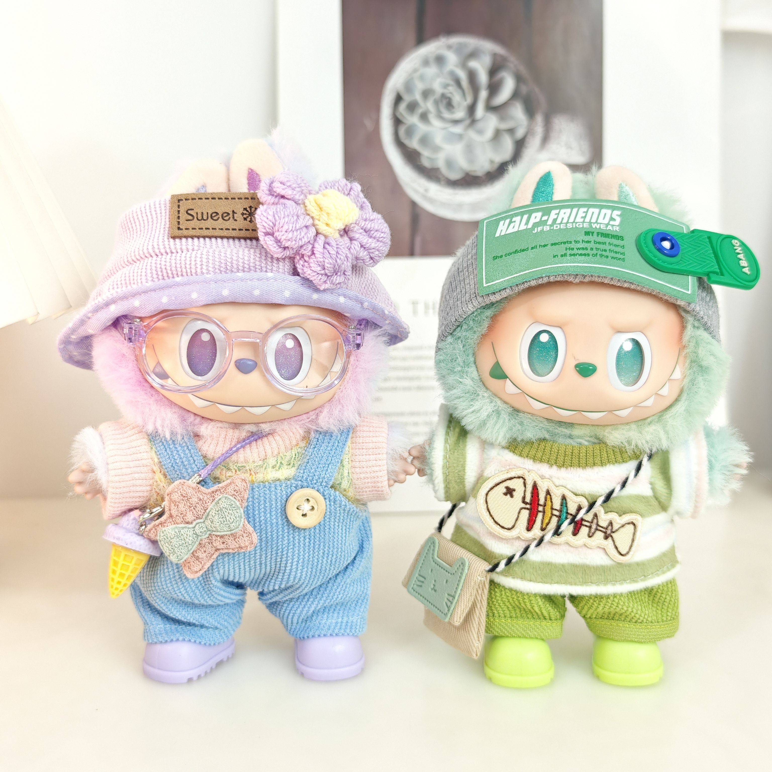 前方高能三代拉布布挂件labubu3.0紫绿色平静娃衣服饰毛衣背带裤
