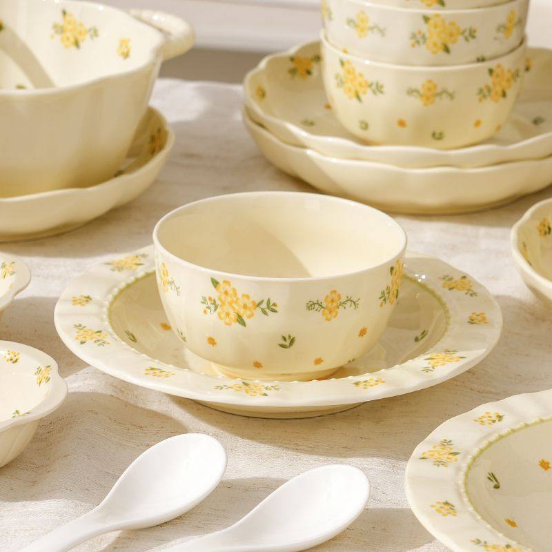 琉璃花乔迁送礼小黄花图案家用陶瓷餐具礼盒碗盘碟套装双耳盘子,淘宝优惠券,粉丝福利购,淘宝优惠卷