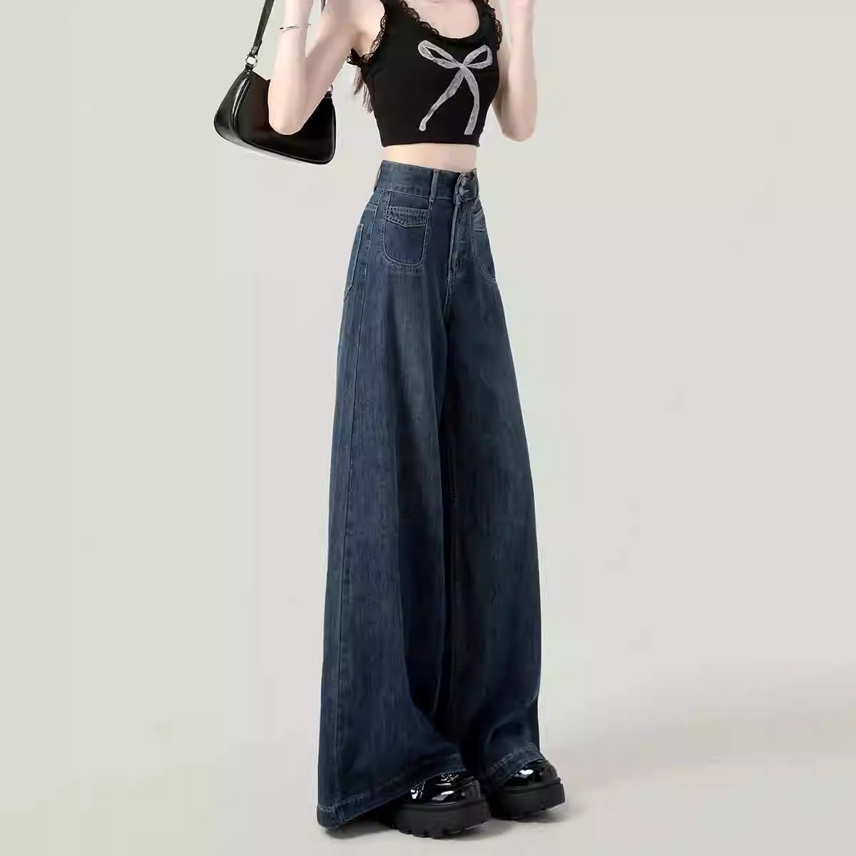 大码高腰阔腿牛仔裤女2025年秋冬加绒梨形小个子慵懒宽松直筒裤子 - 图0