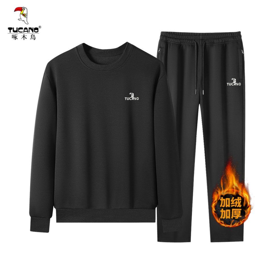 啄木鸟运动套装男秋季加绒加厚纯棉休闲圆领卫衣长裤两件套跑步服,淘宝优惠券,粉丝福利购,淘宝优惠卷