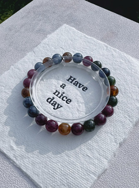 原创多彩巴西碧玺手链彩色原石旺夫珠子转运珠深色水晶多圈手串女