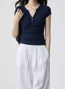 women summer t-shirt solid color top fashion tee v-neck slim