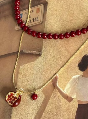 石榴红了复古锁骨链小众红石榴珍珠吊坠项链百搭2026新年礼物