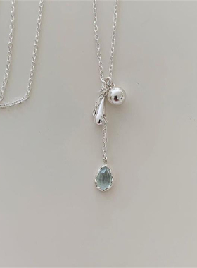 S925纯银小水滴韩版蓝色锆石项链简约温柔精致小众INS项链