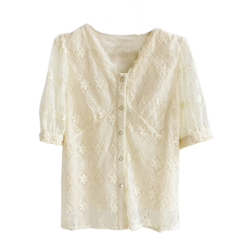 2022夏新款蕾丝衫女减龄短袖衬衫 莲妲衬衫