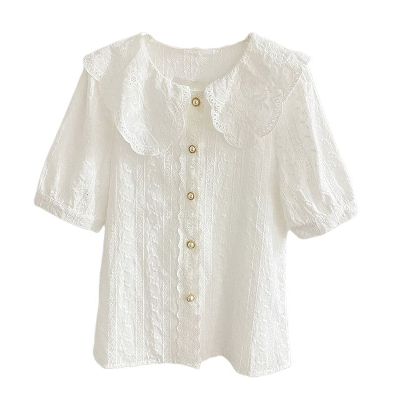 白色蕾丝刺绣娃娃领女短袖2022衬衫 莲妲衬衫