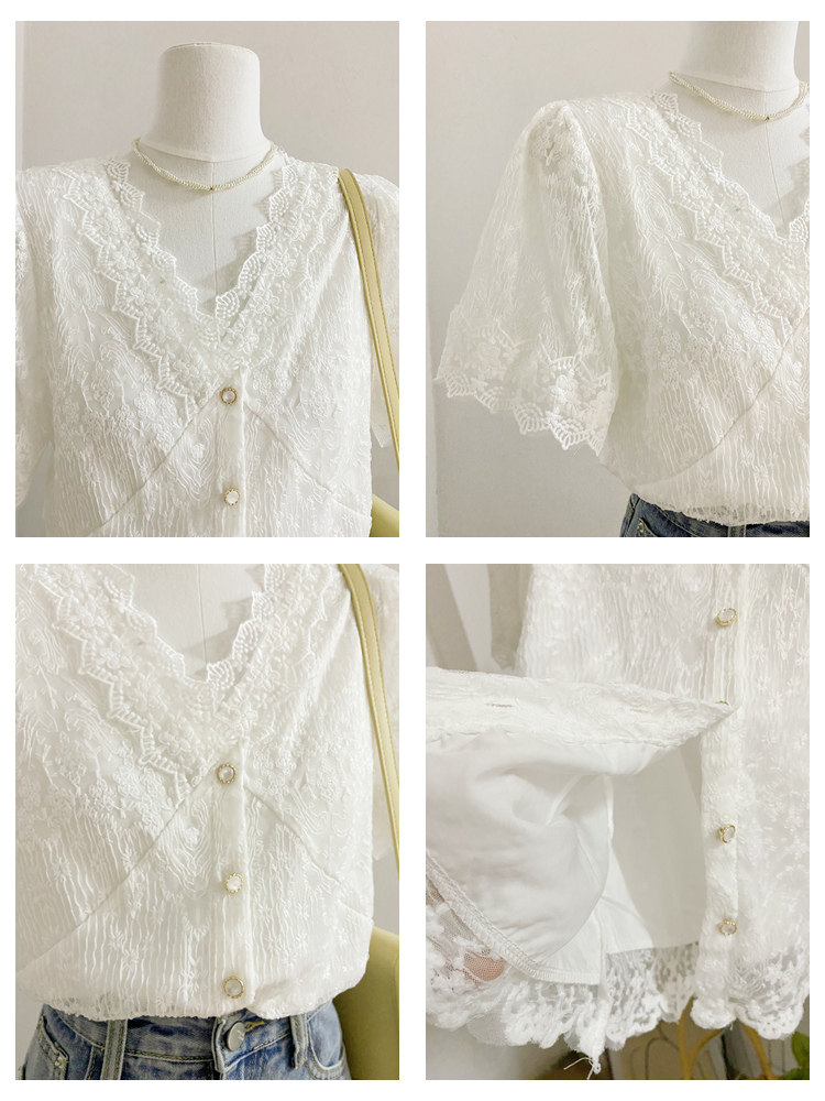 夏季设计感镂空泡泡袖法式v领衬衫 莲妲衬衫