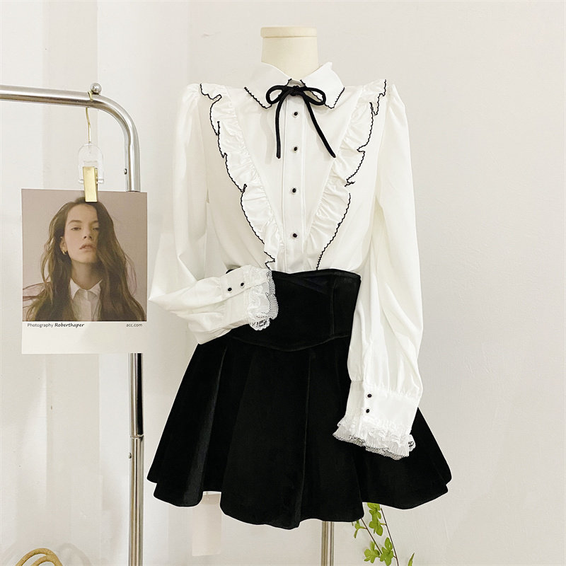 2022春甜美荷叶边系带蝴蝶结衬衫 莲妲衬衫