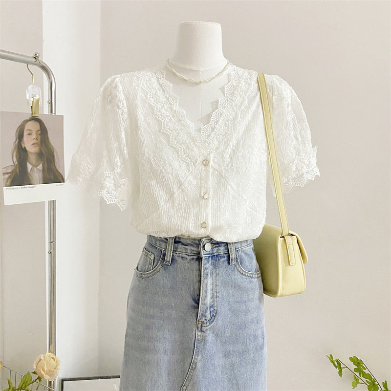 夏季设计感镂空泡泡袖法式v领衬衫 莲妲衬衫