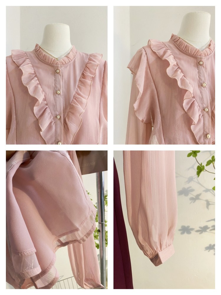 粉色木耳立领荷叶边雪纺衫气质衬衫 莲妲衬衫