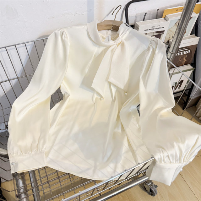 French gentle style bow satin long sleeve shirt for women
