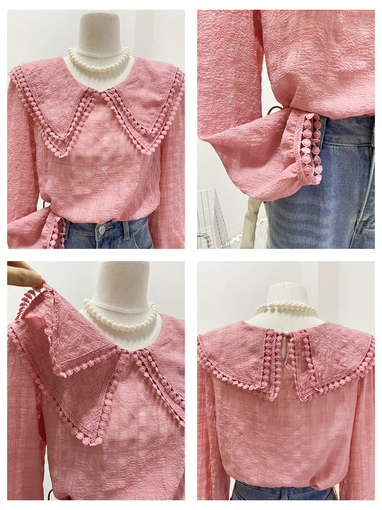 粉色双层蕾丝娃娃领女长袖2022衬衫 莲妲衬衫