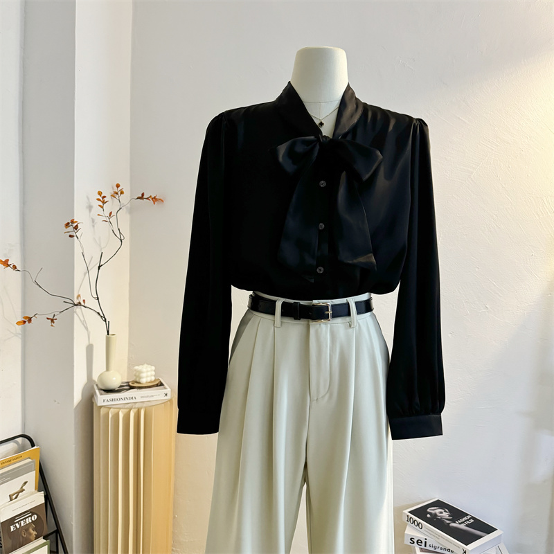 黑色系带蝴蝶结缎面衬衫女长袖秋季垂感醋酸上衣通勤气质飘带衬衣 - 图0